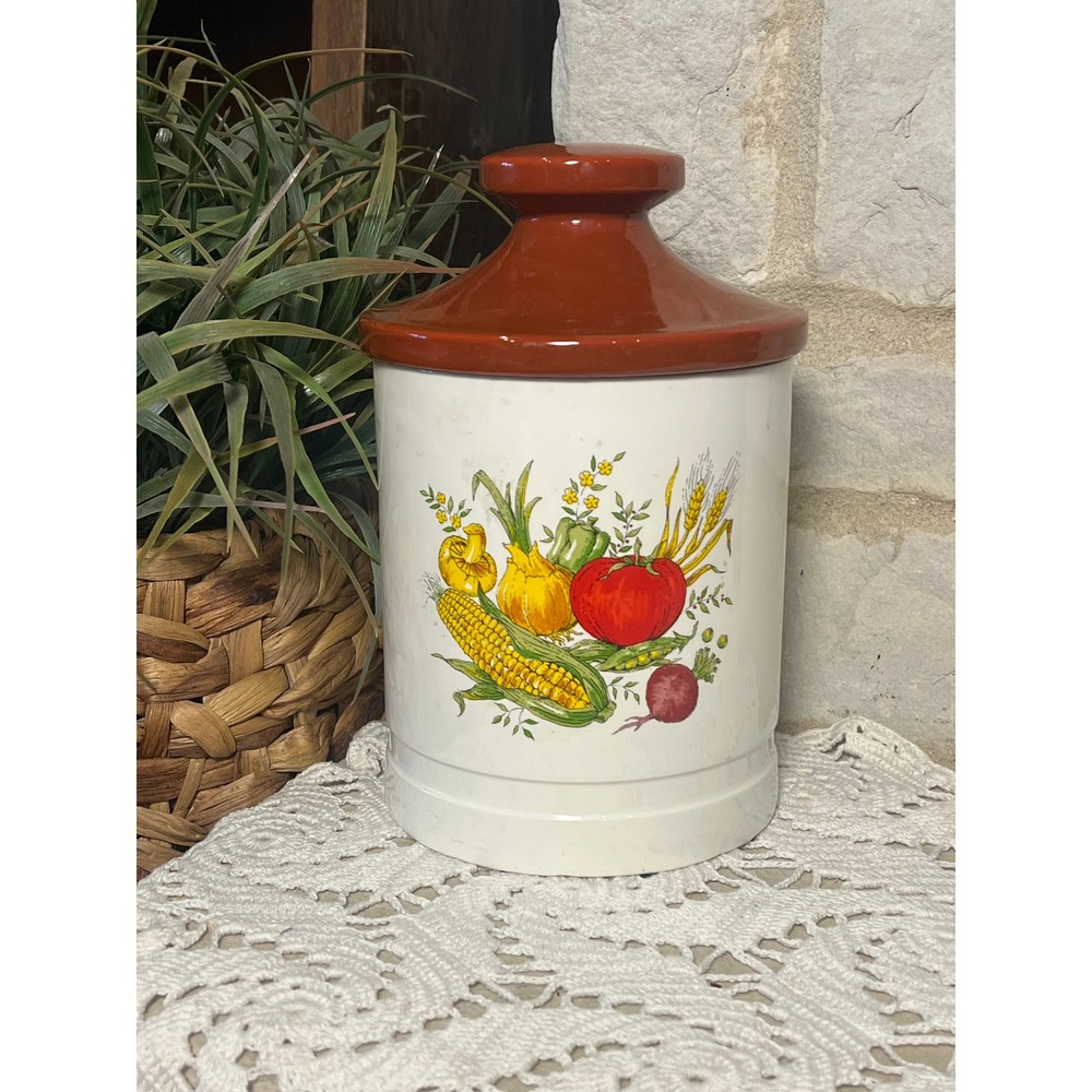 VTG Ceramic Vegetable Harvest Kitchen Canister Brown Lid Farmhouse Retro XLARGE